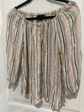 Sanctuary Button-Front Striped Off-Shoulder Blouse in Cream, Pink & Blue